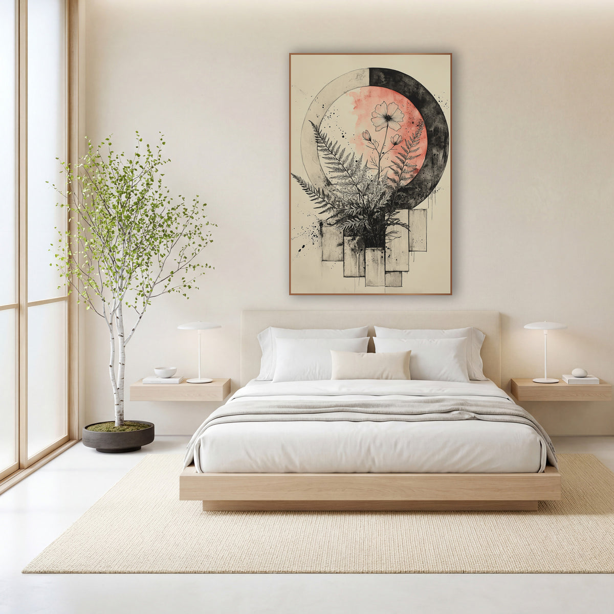 Fern and Blossom Moon Japandi wall art in a calm Japandi-style room – ink drawing of ferns and a flower before a coral