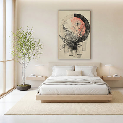 Fern and Blossom Moon Japandi wall art in a calm Japandi-style room – ink drawing of ferns and a flower before a coral