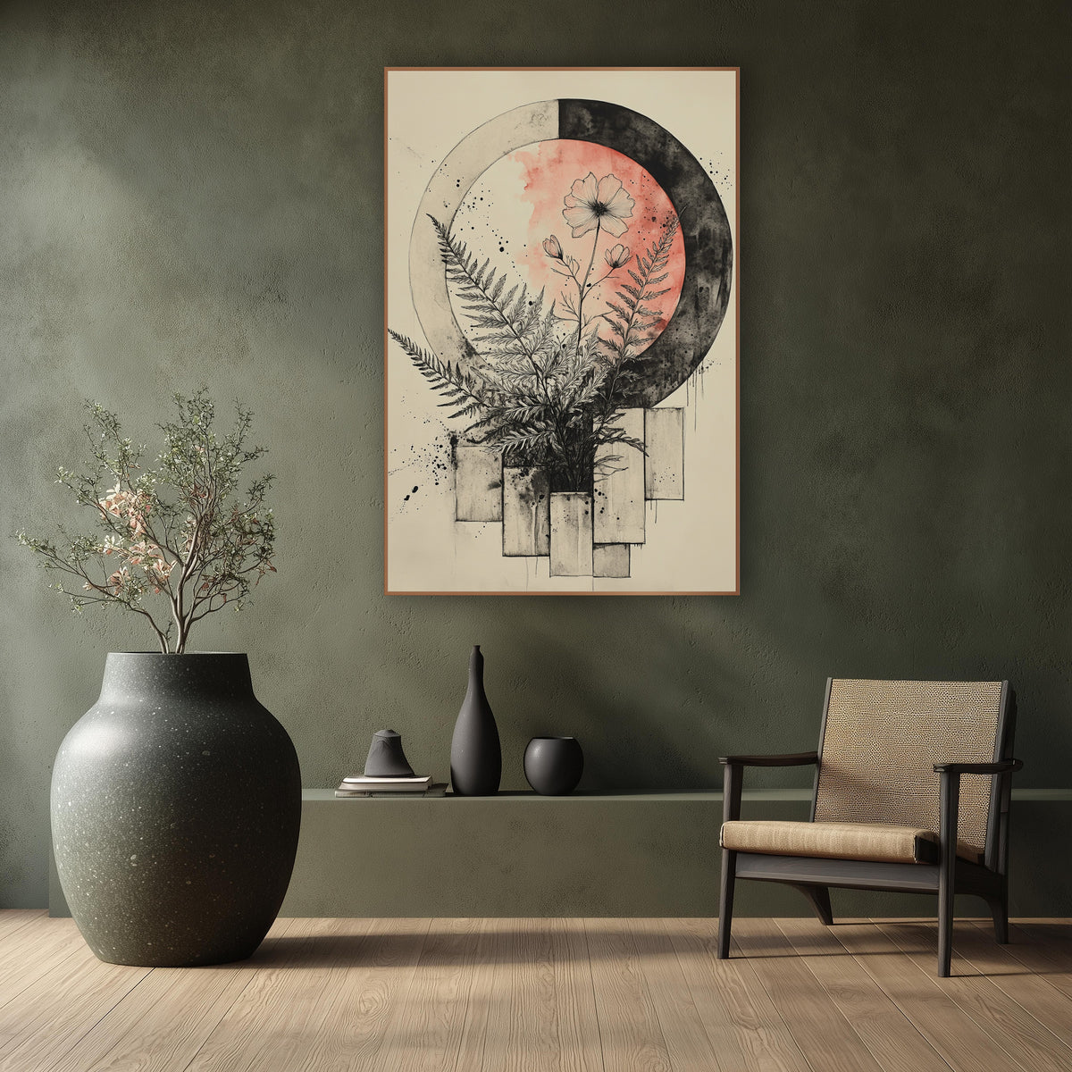 Fern and Blossom Moon Japandi wall art in a calm Japandi-style room – ink drawing of ferns and a flower before a coral