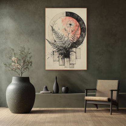 Fern and Blossom Moon Japandi wall art in a calm Japandi-style room – ink drawing of ferns and a flower before a coral