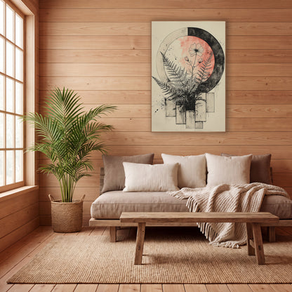 Fern and Blossom Moon Japandi wall art in a calm Japandi-style room – ink drawing of ferns and a flower before a coral