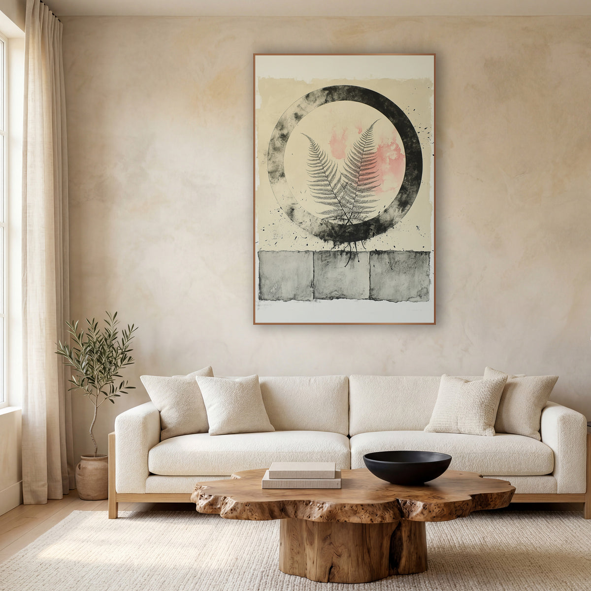 Fern Within Charcoal Circle Japandi wall art in a calm Japandi-style room – two fern fronds inside a smudged black