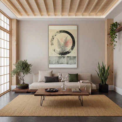 Fern Within Charcoal Circle Japandi wall art in a calm Japandi-style room – two fern fronds inside a smudged black