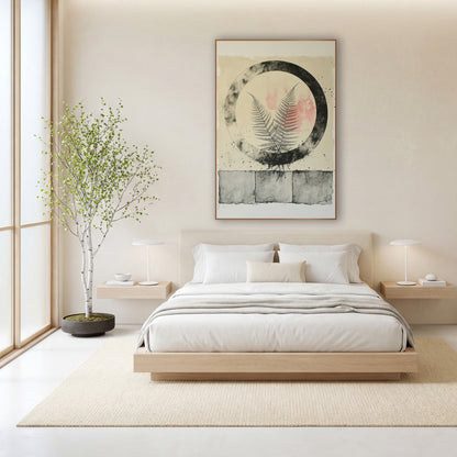 Fern Within Charcoal Circle Japandi wall art in a calm Japandi-style room – two fern fronds inside a smudged black