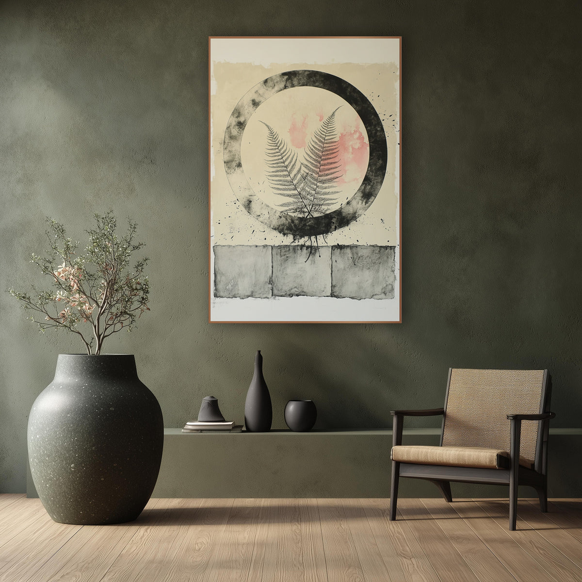 Fern Within Charcoal Circle Japandi wall art in a calm Japandi-style room – two fern fronds inside a smudged black