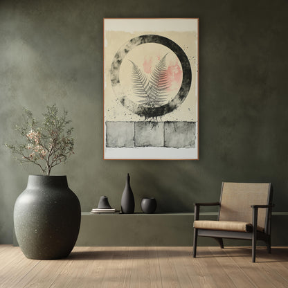Fern Within Charcoal Circle Japandi wall art in a calm Japandi-style room – two fern fronds inside a smudged black