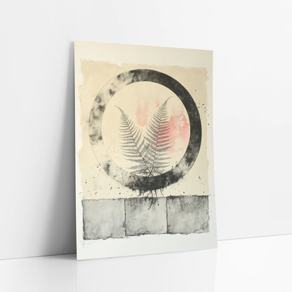 Fern Within Charcoal Circle Japandi art print leaning against a white wall – two fern fronds inside a smudged black circle