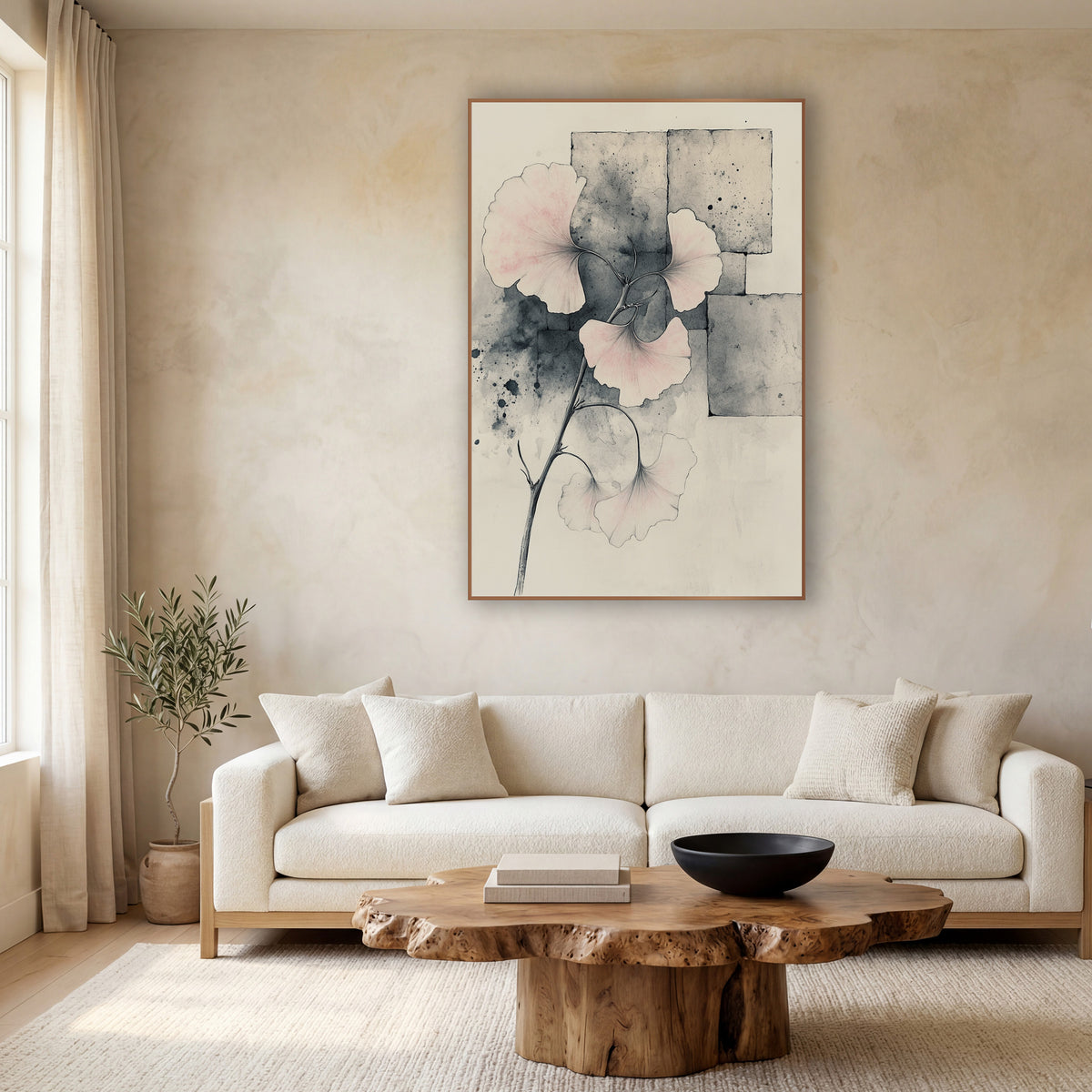Blush Ginkgo Branch Japandi Botanical wall art in a calm Japandi-style room – ginkgo branch with pale pink fan leaves