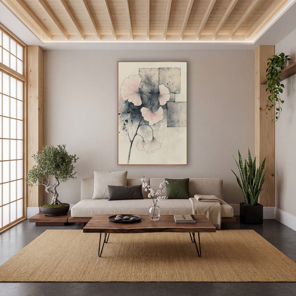 Blush Ginkgo Branch Japandi Botanical wall art in a calm Japandi-style room – ginkgo branch with pale pink fan leaves