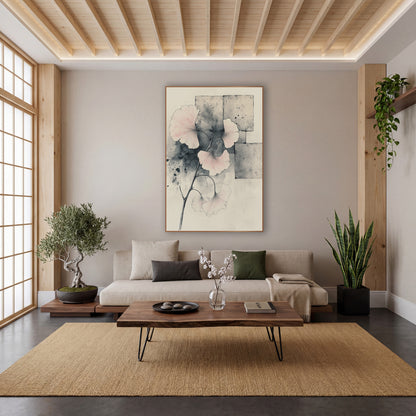 Blush Ginkgo Branch Japandi Botanical wall art in a calm Japandi-style room – ginkgo branch with pale pink fan leaves