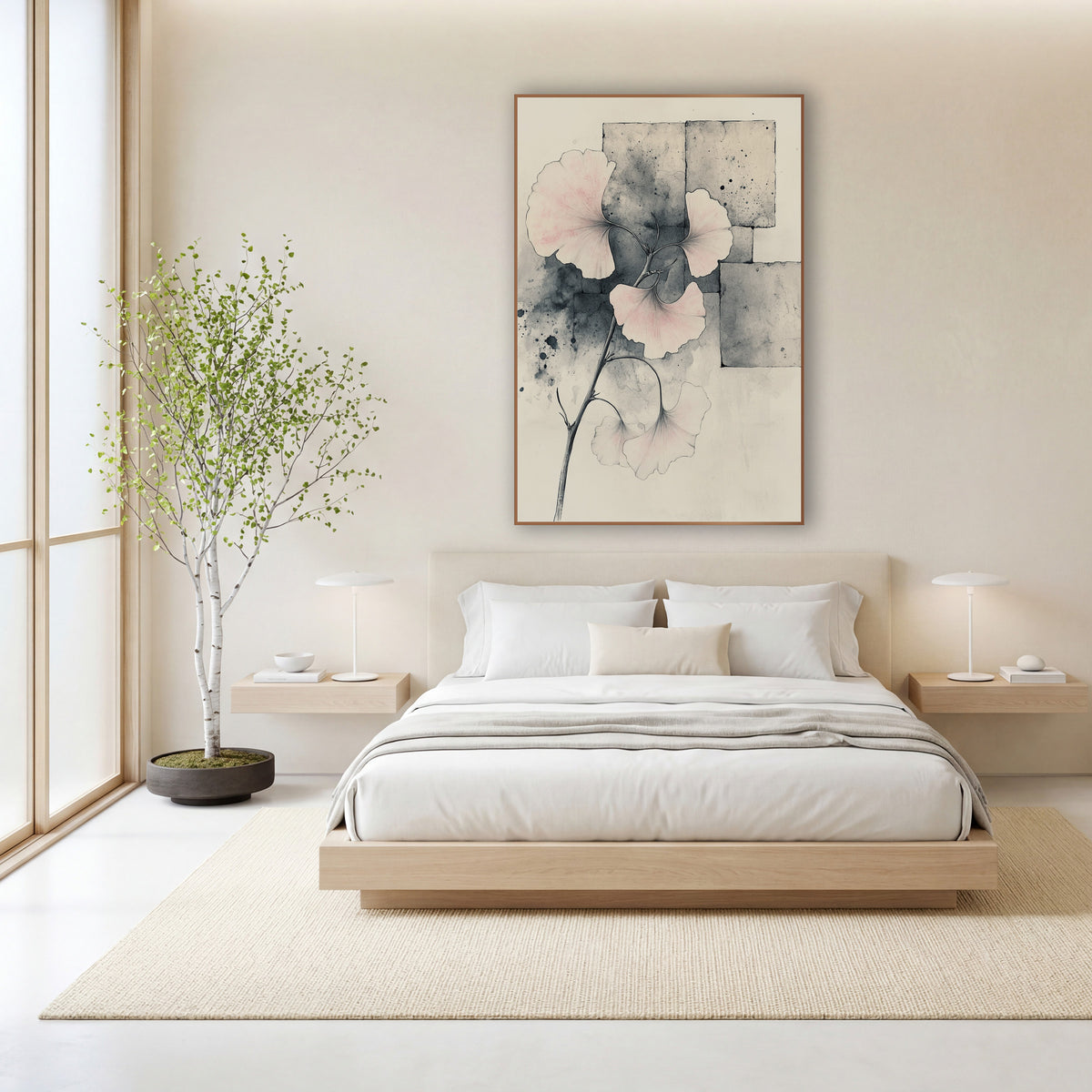 Blush Ginkgo Branch Japandi Botanical wall art in a calm Japandi-style room – ginkgo branch with pale pink fan leaves
