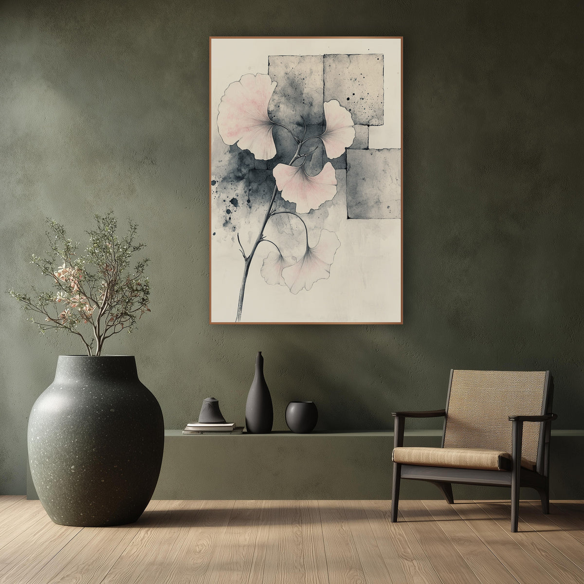 Blush Ginkgo Branch Japandi Botanical wall art in a calm Japandi-style room – ginkgo branch with pale pink fan leaves