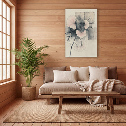 Blush Ginkgo Branch Japandi Botanical wall art in a calm Japandi-style room – ginkgo branch with pale pink fan leaves