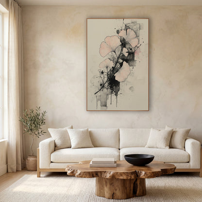 Ginkgo Ink Splatter Study wall art in a calm Japandi-style room – ginkgo branch with blush pink fan-shaped leaves