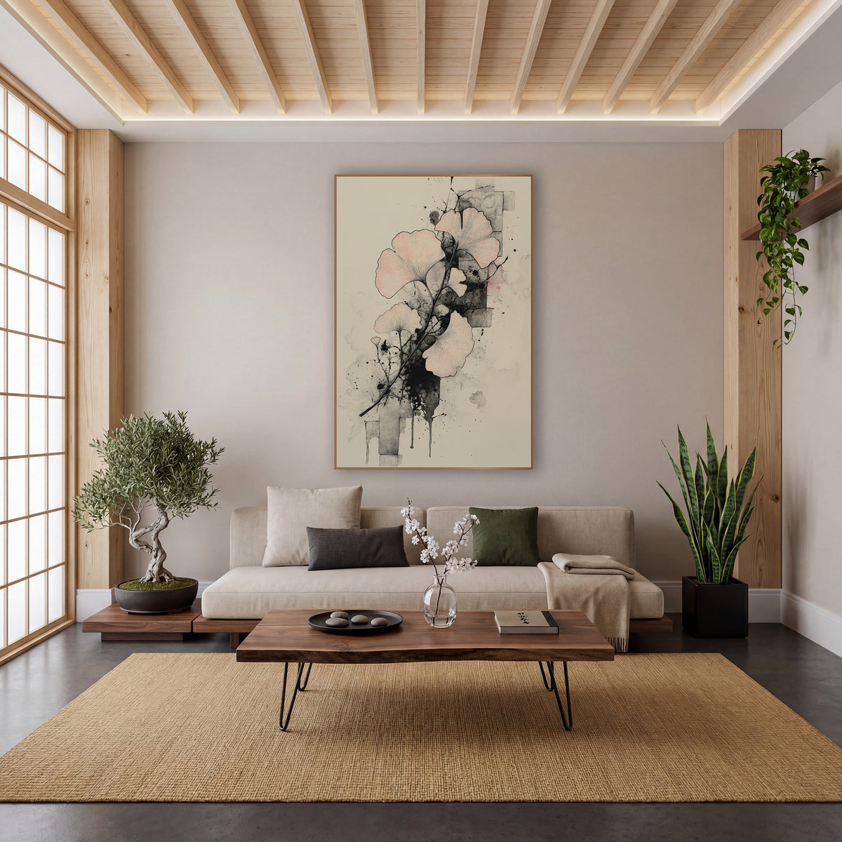 Ginkgo Ink Splatter Study wall art in a calm Japandi-style room – ginkgo branch with blush pink fan-shaped leaves