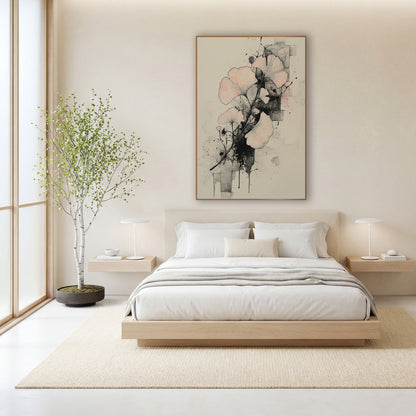 Ginkgo Ink Splatter Study wall art in a calm Japandi-style room – ginkgo branch with blush pink fan-shaped leaves