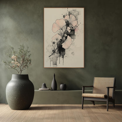 Ginkgo Ink Splatter Study wall art in a calm Japandi-style room – ginkgo branch with blush pink fan-shaped leaves