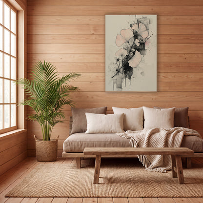Ginkgo Ink Splatter Study wall art in a calm Japandi-style room – ginkgo branch with blush pink fan-shaped leaves
