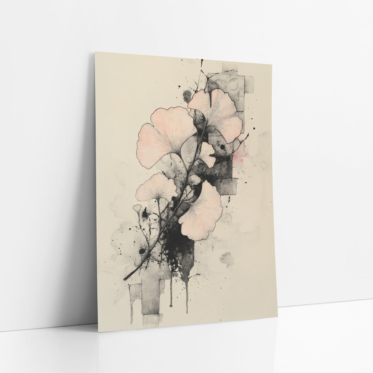 Ginkgo Ink Splatter Study art print leaning against a white wall – ginkgo branch with blush pink fan-shaped leaves over gray