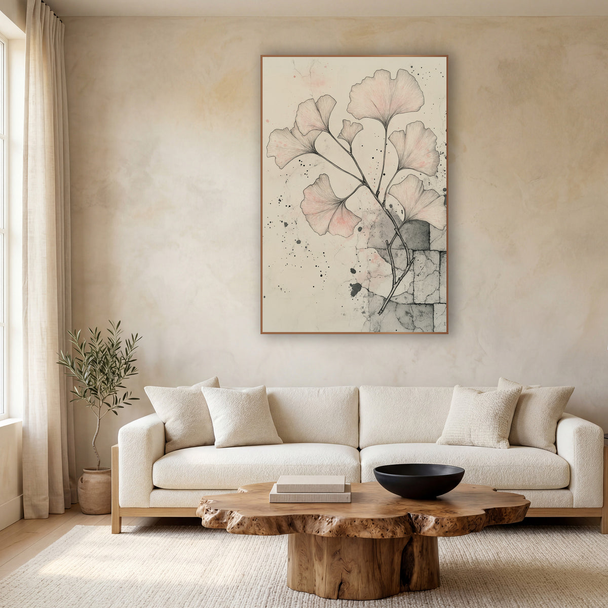 Ginkgo Flagstone Corner Sketch wall art in a calm Japandi-style room – ink drawing of a ginkgo branch with blush pink