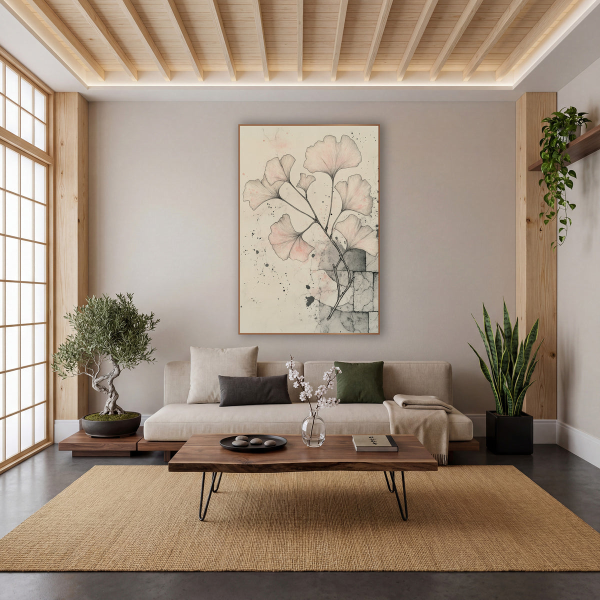 Ginkgo Flagstone Corner Sketch wall art in a calm Japandi-style room – ink drawing of a ginkgo branch with blush pink