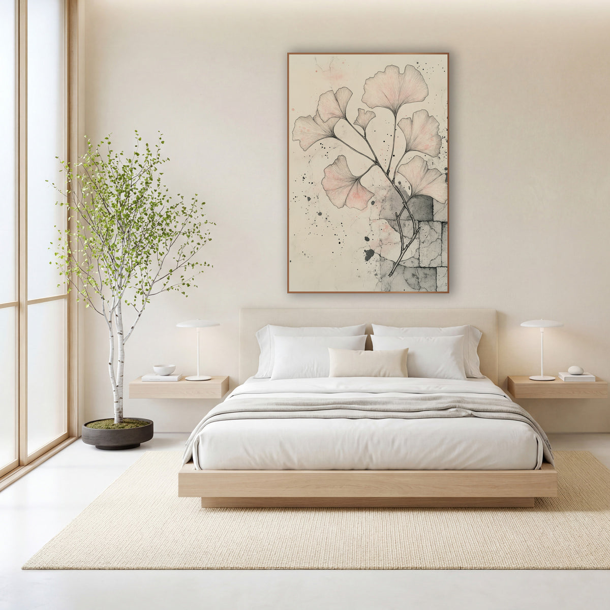 Ginkgo Flagstone Corner Sketch wall art in a calm Japandi-style room – ink drawing of a ginkgo branch with blush pink