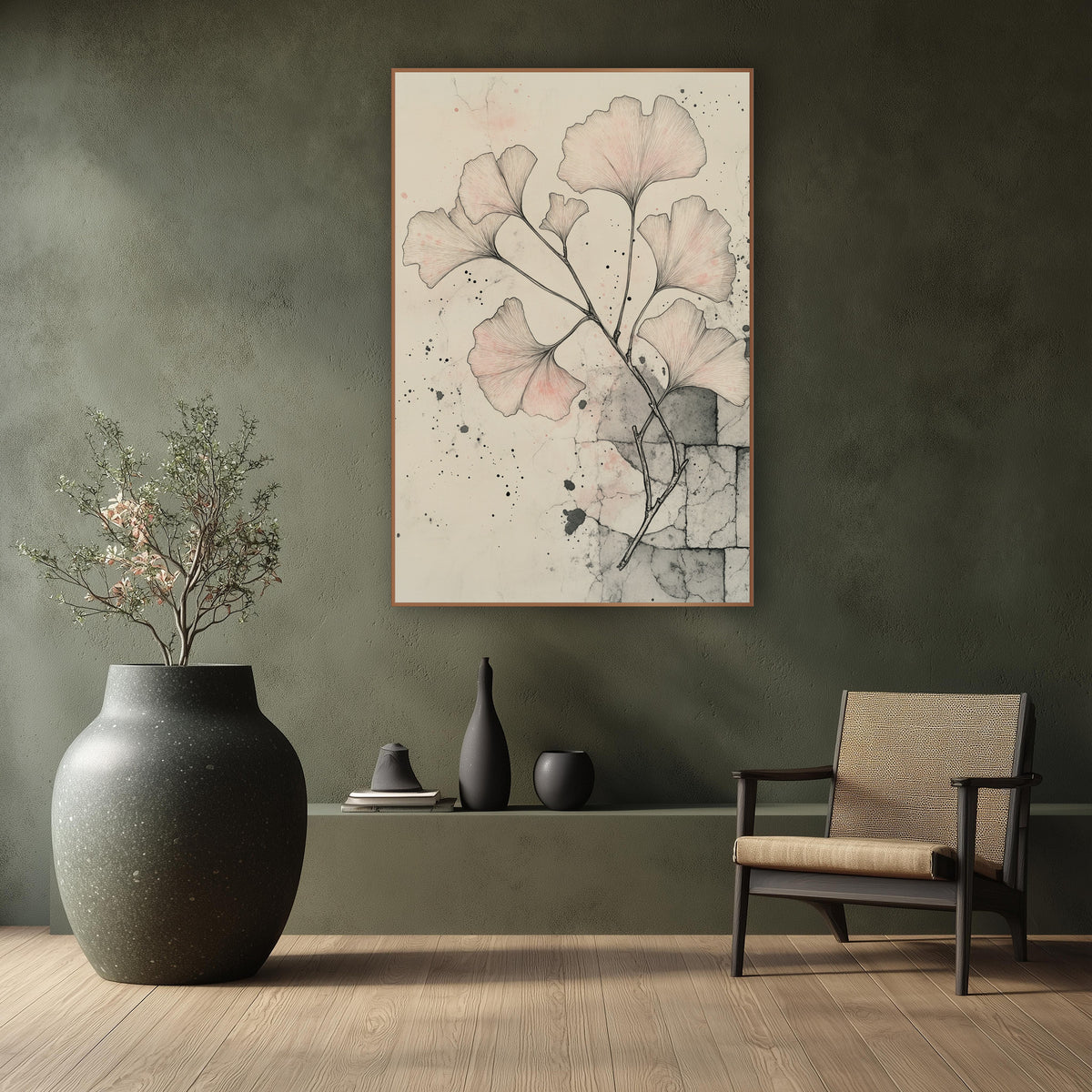 Ginkgo Flagstone Corner Sketch wall art in a calm Japandi-style room – ink drawing of a ginkgo branch with blush pink