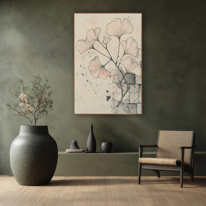 Ginkgo Flagstone Corner Sketch wall art in a calm Japandi-style room – ink drawing of a ginkgo branch with blush pink