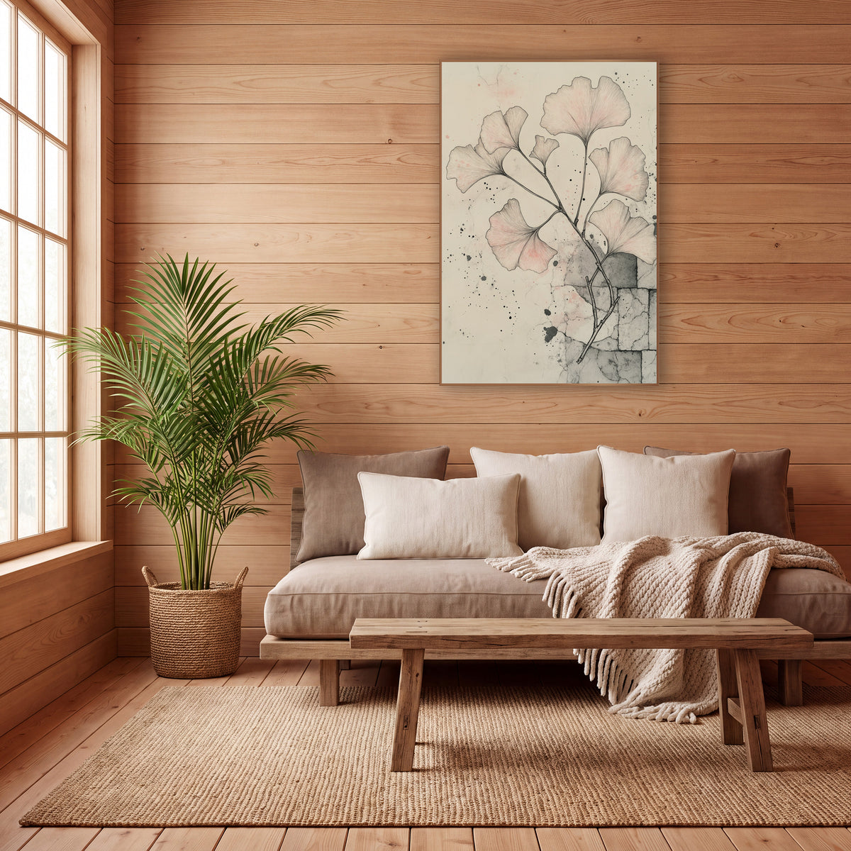 Ginkgo Flagstone Corner Sketch wall art in a calm Japandi-style room – ink drawing of a ginkgo branch with blush pink