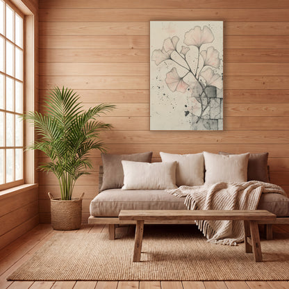 Ginkgo Flagstone Corner Sketch wall art in a calm Japandi-style room – ink drawing of a ginkgo branch with blush pink
