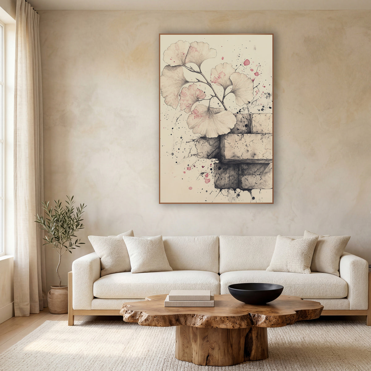 Ginkgo Stacked Bricks Drawing wall art in a calm Japandi-style room – ginkgo branch with fan-shaped leaves tinted