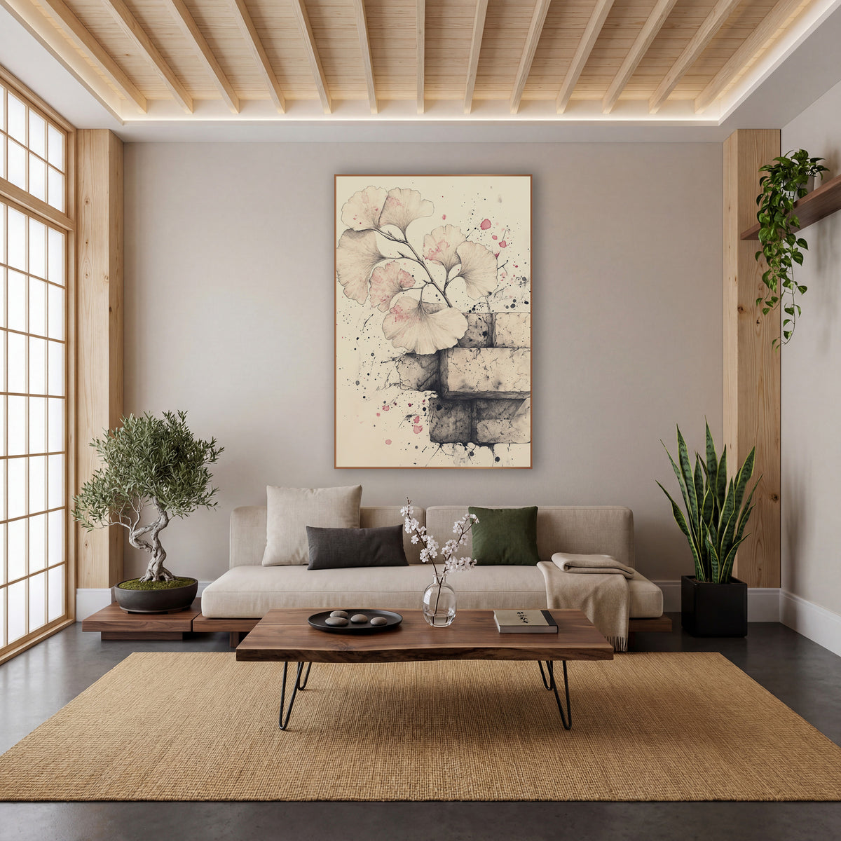 Ginkgo Stacked Bricks Drawing wall art in a calm Japandi-style room – ginkgo branch with fan-shaped leaves tinted