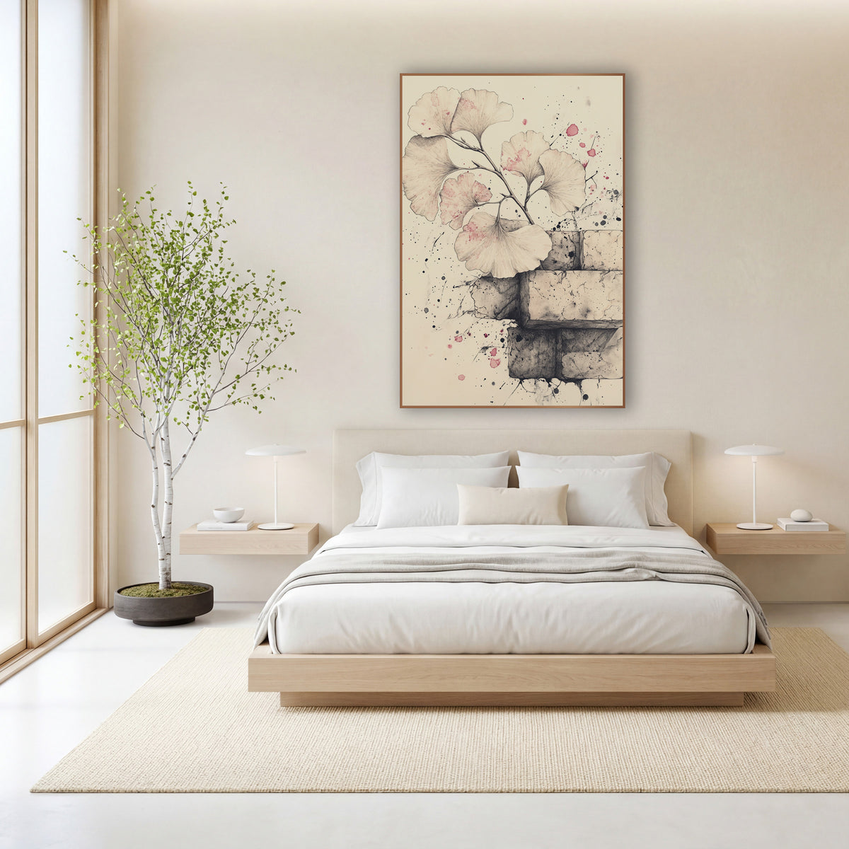 Ginkgo Stacked Bricks Drawing wall art in a calm Japandi-style room – ginkgo branch with fan-shaped leaves tinted
