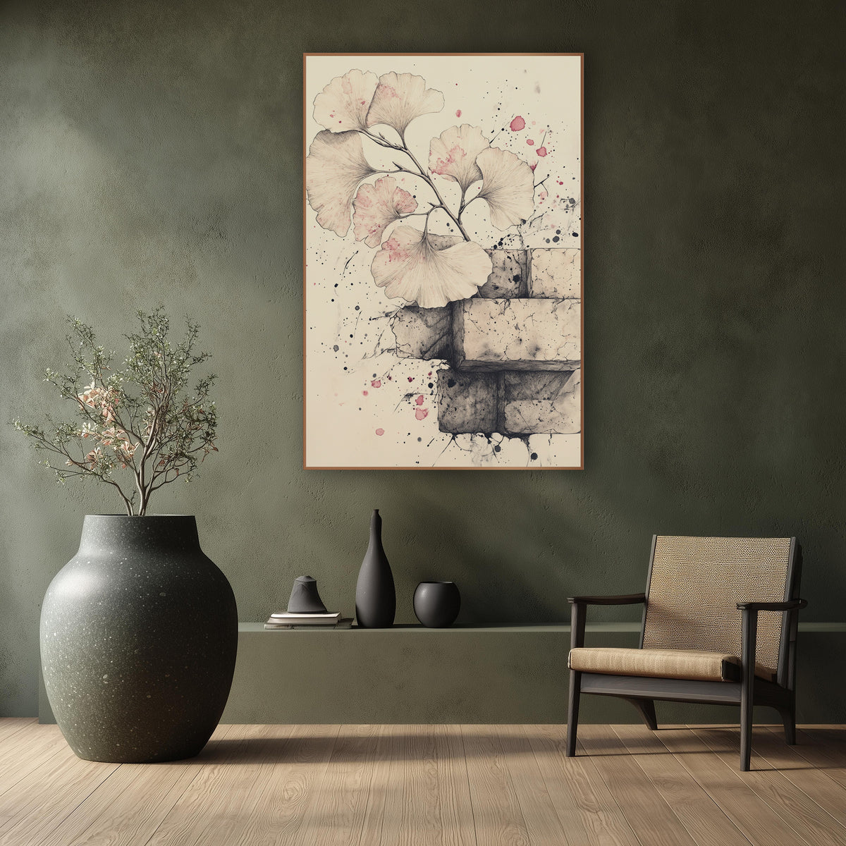Ginkgo Stacked Bricks Drawing wall art in a calm Japandi-style room – ginkgo branch with fan-shaped leaves tinted