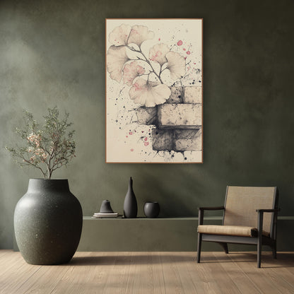 Ginkgo Stacked Bricks Drawing wall art in a calm Japandi-style room – ginkgo branch with fan-shaped leaves tinted