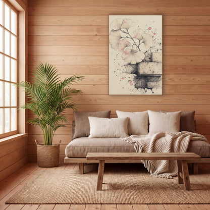 Ginkgo Stacked Bricks Drawing wall art in a calm Japandi-style room – ginkgo branch with fan-shaped leaves tinted