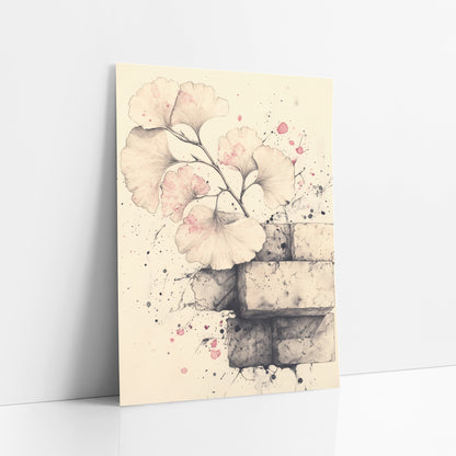Ginkgo Stacked Bricks Drawing art print leaning against a white wall – ginkgo branch with fan-shaped leaves tinted pink