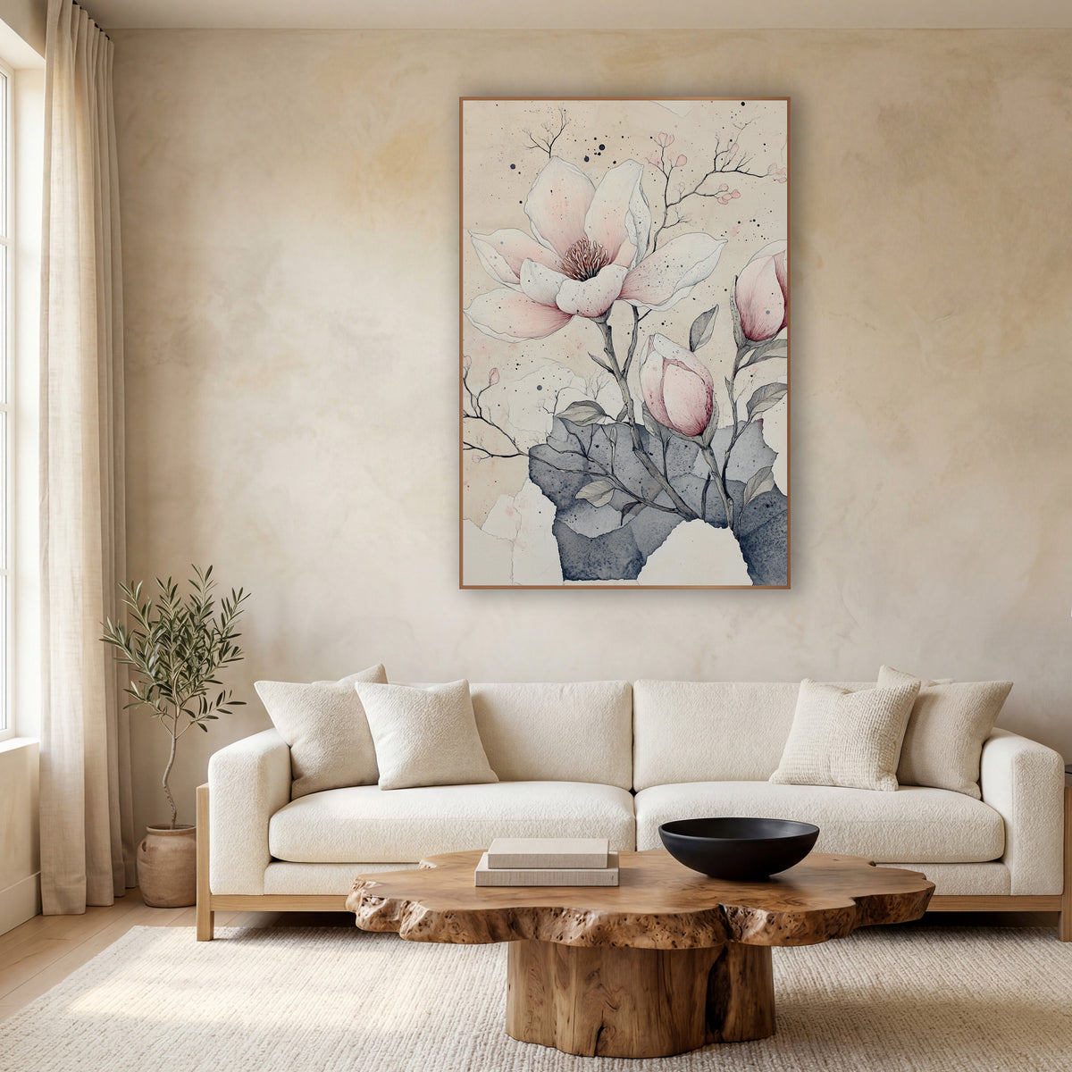 Torn Paper Magnolia Buds Ink wall art in a calm Japandi-style room – blush pink magnolia bloom and two buds drawn