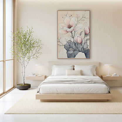 Torn Paper Magnolia Buds Ink wall art in a calm Japandi-style room – blush pink magnolia bloom and two buds drawn
