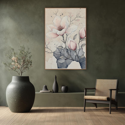 Torn Paper Magnolia Buds Ink wall art in a calm Japandi-style room – blush pink magnolia bloom and two buds drawn