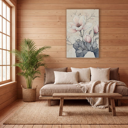Torn Paper Magnolia Buds Ink wall art in a calm Japandi-style room – blush pink magnolia bloom and two buds drawn