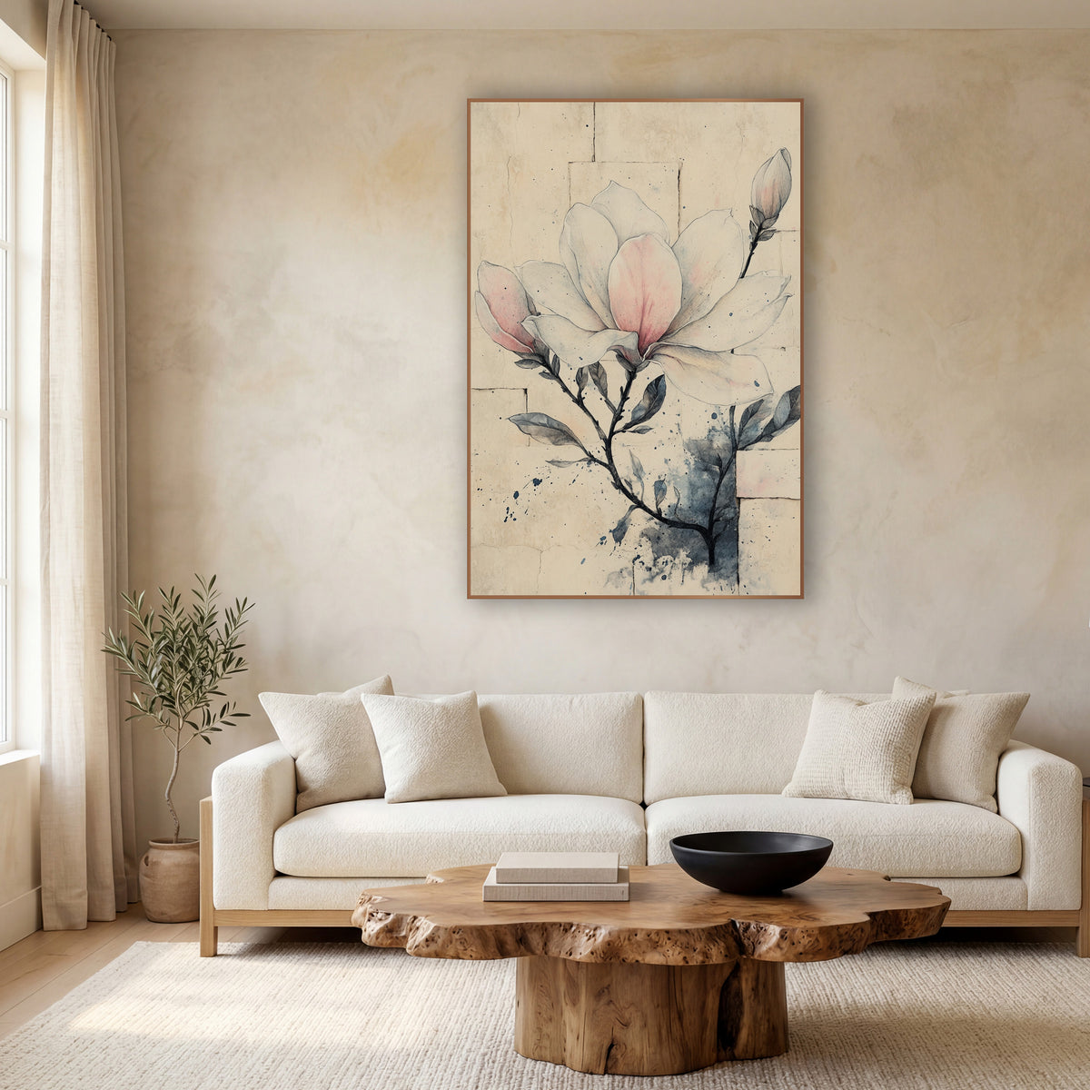Blush Magnolia Brick Wall Sketch wall art in a calm Japandi-style room – pen and wash drawing of a pale pink magnolia