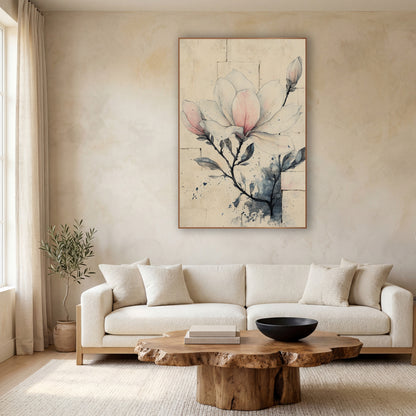 Blush Magnolia Brick Wall Sketch wall art in a calm Japandi-style room – pen and wash drawing of a pale pink magnolia