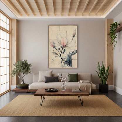 Blush Magnolia Brick Wall Sketch wall art in a calm Japandi-style room – pen and wash drawing of a pale pink magnolia