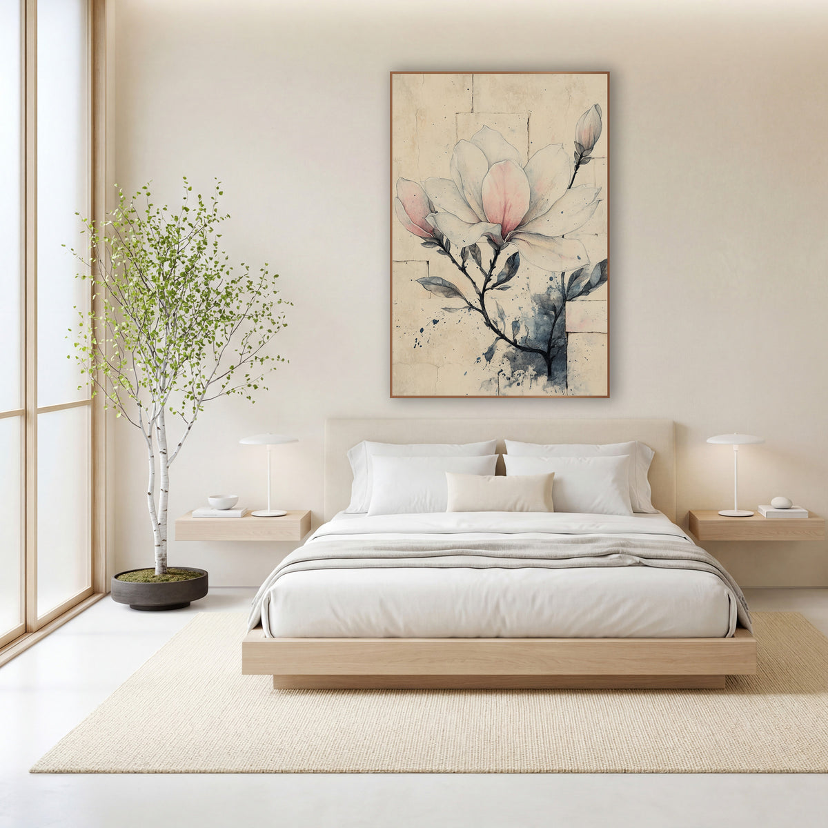 Blush Magnolia Brick Wall Sketch wall art in a calm Japandi-style room – pen and wash drawing of a pale pink magnolia