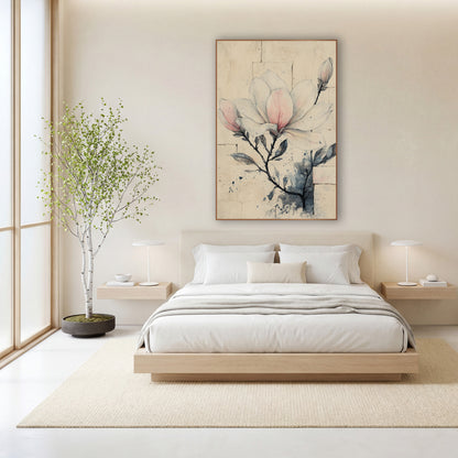 Blush Magnolia Brick Wall Sketch wall art in a calm Japandi-style room – pen and wash drawing of a pale pink magnolia