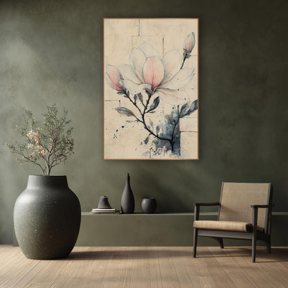 Blush Magnolia Brick Wall Sketch wall art in a calm Japandi-style room – pen and wash drawing of a pale pink magnolia