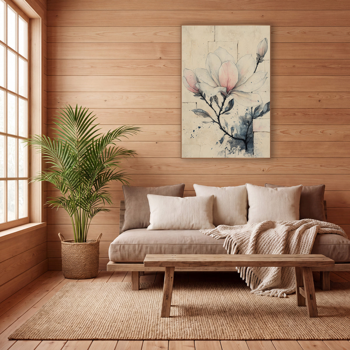 Blush Magnolia Brick Wall Sketch wall art in a calm Japandi-style room – pen and wash drawing of a pale pink magnolia
