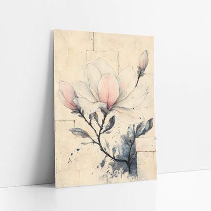 Blush Magnolia Brick Wall Sketch art print leaning against a white wall – pen and wash drawing of a pale pink magnolia branch