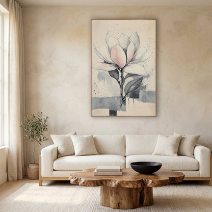 Upright Magnolia Gray Wash Drawing wall art in a calm Japandi-style room – ink drawing of a magnolia flower with blush